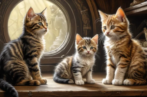 Három cica ül egy könyvespolc előtt, barátságos és kíváncsi tekintettel.