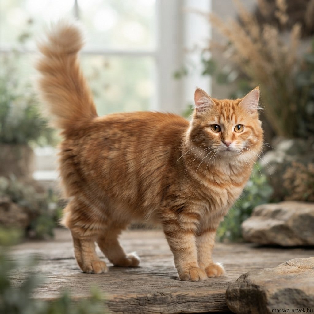 Karéliai bobtail hosszúszőrű – Egy fatörzsön áll